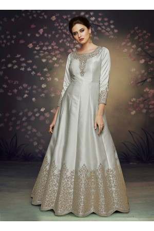 Grey satin silk gown style embroidered anarkali suit 3076